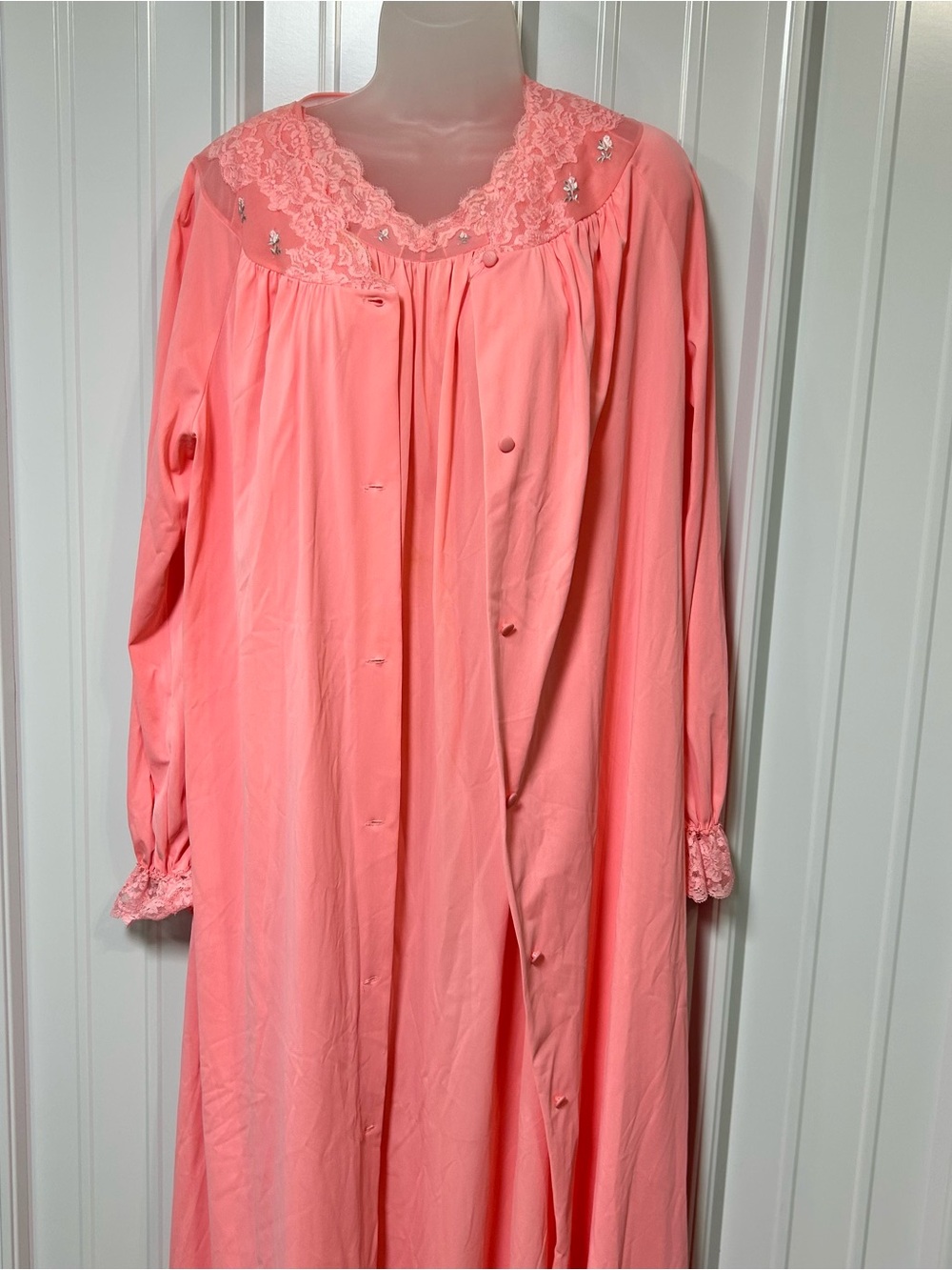 Vintage Shadowline Coral Pink Lace Trim Peignoir Set Nightgown Robe 2PC Large